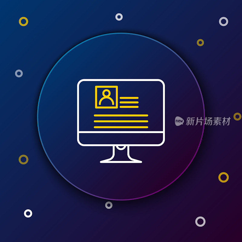 White and yellow line Computer monitor with resume icon on dark blue background. CV application. Searching professional staff. Analyzing personnel resume. Colorful outline concept. Vector Illustration
